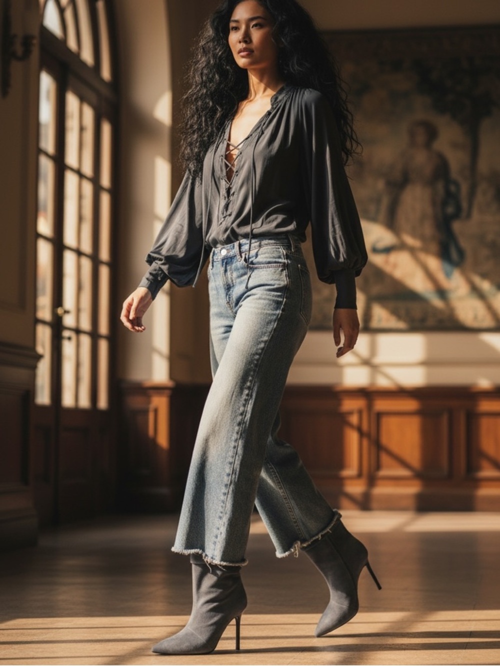 Boston Proper “Wilkins” gray suede fold over stiletto boots a sleek silhouette.